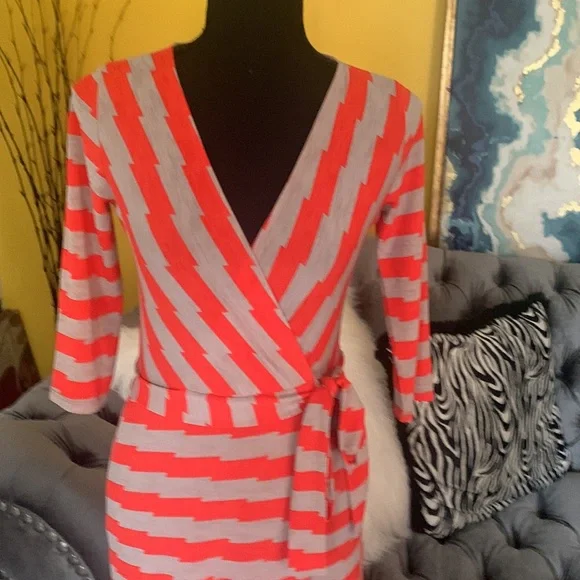 Orange and tan maxi faux wrap dress with v neck - Picture 2 of 6